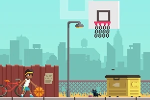 En pixelkonstbild med en person som håller en basketboll, en cykel, en basketkorg och en katt nära en gul soptunna mot en stadsbakgrund