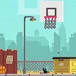 En pixelkonstbild med en person som håller en basketboll, en cykel, en basketkorg och en katt nära en gul soptunna mot en stadsbakgrund