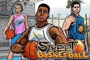 Tre tecknade basketspelare står på en utomhusplan med basketbollar, och texten Street Basketball syns i förgrunden