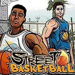 Tre tecknade basketspelare står på en utomhusplan med basketbollar, och texten Street Basketball syns i förgrunden