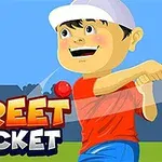 Tecknad pojke i röd tröja och vit keps som spelar cricket med texten STREET CRICKET i förgrunden
