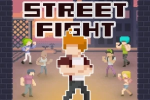 Pikselkonst med en karaktär i förgrunden och flera slagskämpar i bakgrunden på en stadsbakgrund, med texten Street Fight högst upp