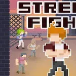 Pikselkonst med en karaktär i förgrunden och flera slagskämpar i bakgrunden på en stadsbakgrund, med texten Street Fight högst upp