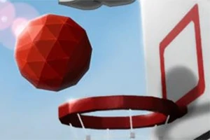 En röd, multifacetterad boll svävar nära en basketkorg med himlen i bakgrunden