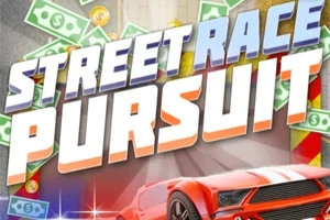 En röd sportbil framför en skylt med texten Street Race Pursuit och pengar i bakgrunden