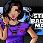Tecknad kvinna med kort svart hår och lila tröja med ett hjärta står bredvid texten Street Racing Mania mot en bakgrund med palmer och blå himmel