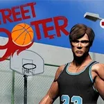 En illustrerad figur i basketlinne står framför en basketplan med texten Street Shooter i bakgrunden