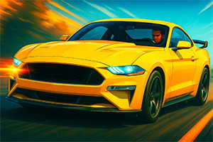 Gul sportbil kör snabbt längs en väg med en man vid ratten och en färgstark bakgrund av suddiga träd och himmel