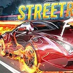 En röd sportbil omgiven av lågor på en nattbelyst gata med orden Streetrace Fury ovanför