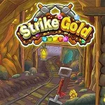 En tecknad gruvgång med gruvvagnsspår, en lampa, verktyg och guldföremål, med texten Strike Gold ovanför