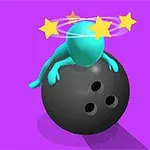 En turkos figur ligger på en svart bowlingklot med gula stjärnor som snurrar runt huvudet mot en lila bakgrund