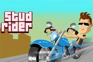 En tecknad man som kör en blå motorcykel med solglasögon och en modern frisyr