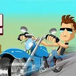 En tecknad man som kör en blå motorcykel med solglasögon och en modern frisyr