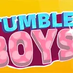 Färgglad grafisk illustration med texten Stumble Boys i stora bokstäver mot en gul bakgrund