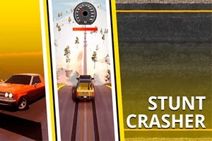 Bil som utför stunttrick, med hastighetsmätare över och texten Stunt Crasher i det nedre högra hörnet