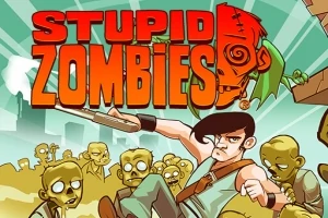 Tecknad bild med en man som håller ett gevär, omgiven av gröna zombies och stora färgglada bokstäver i bakgrunden