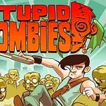 Tecknad bild med en man som håller ett gevär, omgiven av gröna zombies och stora färgglada bokstäver i bakgrunden