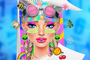 En färgglad illustration av en kvinna med futuristiska glasögon, flätor, och neonfärgad smink med olika små symboliska ikoner runtomkring