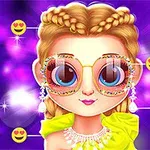 Ung karaktär med flätat hår, stora glittriga glasögon och glittrande smycken mot en färgglad bakgrund med emoji-symboler
