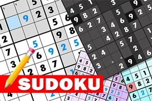 Flera sudoku-bräden med olika färger och en gul penna ovanpå texten Sudoku