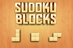 Texten Sudoku Blocks i guld med tre blockformationer nedanför på en träfärgad bakgrund