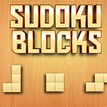 Texten Sudoku Blocks i guld med tre blockformationer nedanför på en träfärgad bakgrund