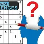 En ofullständig sudoku-bräda med en blå silhuett av ett huvud genomborrat av en penna och ett rött frågetecken ovanför