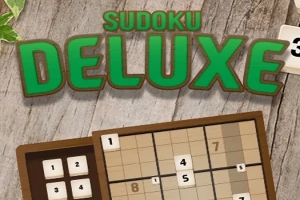 Texten Sudoku Deluxe i grönt ovanför ett delvis ifyllt sudoku-bräde på en träbakgrund