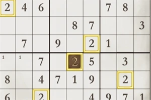 Sudokupussel med numren 1 till 9 i ett rutnät med markerade rutor