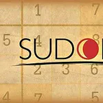 Titeln Sudoku med stiliserad text och en röd cirkel på en bakgrund som visar ett delvis suddigt rutnät med nummer