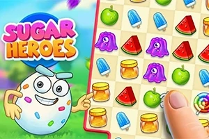 Tecknad spelkaraktär pekar på ett matchande pusselspel med färgglada ikoner som frukter, godis och glass