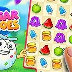 Tecknad spelkaraktär pekar på ett matchande pusselspel med färgglada ikoner som frukter, godis och glass