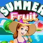 Tecknad kvinna i solhatt vid en strand med paraplydrinkar, frukter och texten Summer Fruit ovanför