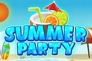 Somrig strandscen med kokosnötdrink, sol, parasoll och texten Summer Party