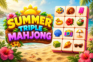 Färgglad tropisk spelgrafik med texten Summer Triple Mahjong, blommor, palmer och brickor med somriga symboler