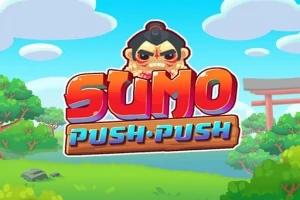 Tecknad sumobrottare med texten Sumo Push Push mot en färgglad bakgrund med moln och träd