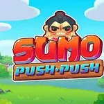 Tecknad sumobrottare med texten Sumo Push Push mot en färgglad bakgrund med moln och träd