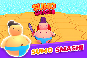 Två stiliserade sumobrottare med blå mawashi står på en geometrisk arena, med texten Sumo Smash!