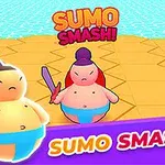 Två stiliserade sumobrottare med blå mawashi står på en geometrisk arena, med texten Sumo Smash!