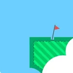Blå himmel med vita moln, en grön plattform med en röd flagga och en vit boll i rörelse