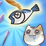 En tecknad bild med en katt med stora ögon och dregel, en död fisk och flera pilar mot en blå bakgrund