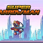 Tecknad figur i rymd- eller robotdräkt med pilbåge framför en futuristisk stadssilhuett, med texten Super Arrowman ovanför
