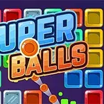 Färgglada kvadrater med texten SUPER BALLS i mitten och en orange kula som riktas mot blocken