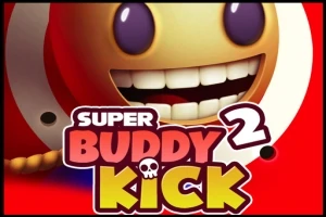 Leksaksfigur med stort leende och texten Super Buddy Kick 2 på röd bakgrund