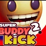 Leksaksfigur med stort leende och texten Super Buddy Kick 2 på röd bakgrund