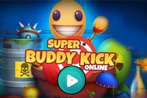 Gul leende figur omgiven av diverse färgglada objekt och texten Super Buddy Kick Online mot en blå bakgrund