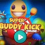 Gul leende figur omgiven av diverse färgglada objekt och texten Super Buddy Kick Online mot en blå bakgrund