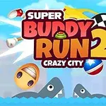 Färgglad illustration med texten Super Buddy Run 2 Crazy City ovanför tecknade figurer och bilar i en stadsmiljö