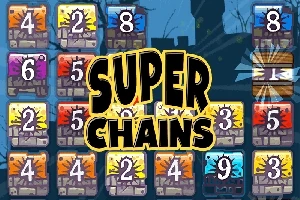 Ett rutnät av numrerade block och en stor titeltext Super Chains i mitten, med en stadssilhuett i bakgrunden