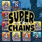 Ett rutnät av numrerade block och en stor titeltext Super Chains i mitten, med en stadssilhuett i bakgrunden